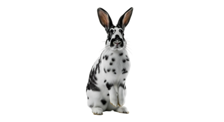Dalmatian rabbit with black and white fur long ears and a cute face standing on a white background looking directly at the camera.