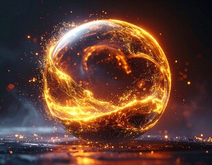 Illuminated sphere of fiery energy, sparks and a dark background
