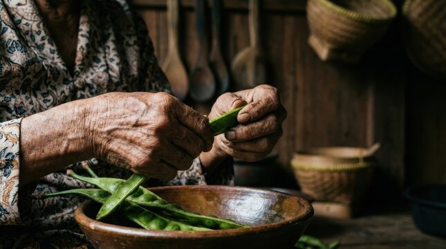 Wrinkled hands shell fresh petai green in a rustic setting