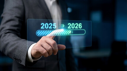 Obraz premium Digital Transition: Man Planning Future from 2025 to 2026 on Holographic Screen
