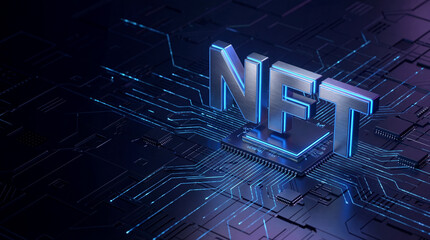 NFT Digital Asset Concept on Futuristic Circuit Board
