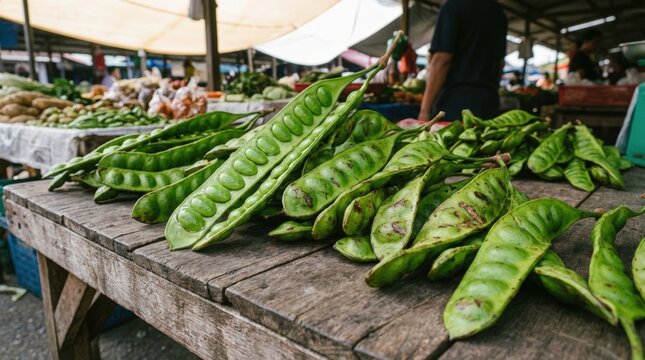 Fresh Green Petai Stink Beans on Display at Market