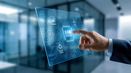 Hand Touching Futuristic ERP System Interface for Business Management