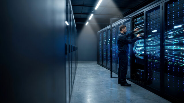 IT Engineer Working in Modern Data Center with Server Racks and Digital Data Flow - Powered by Adobe