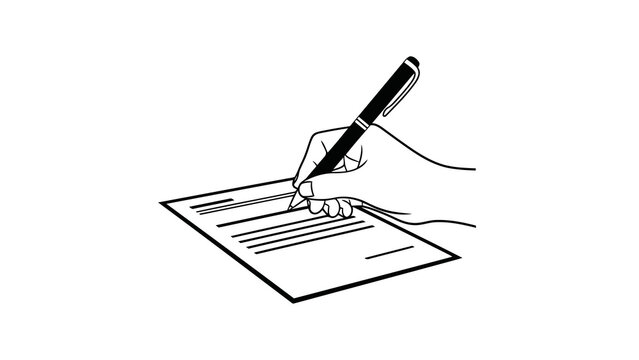 Hand drawing line with pen on paper, simple line art illustration of writing or signing document