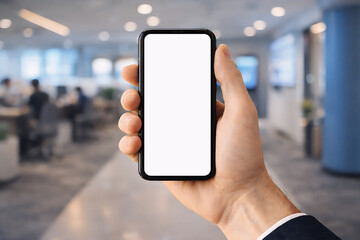 Ecommerce Fintech Mobile Banking App Concept &ndash; Hand Holding Smartphone With Blank Screen in Modern Office