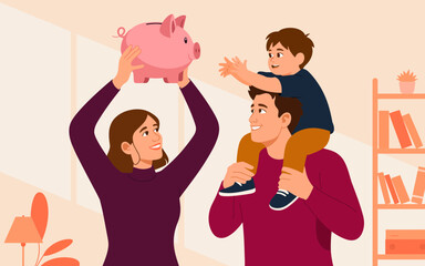 Obraz premium A joyful family moment as parents lift a piggy bank while their son reaches out. This image symbolizes unity, parenting, and the importance of teaching financial responsibility.
