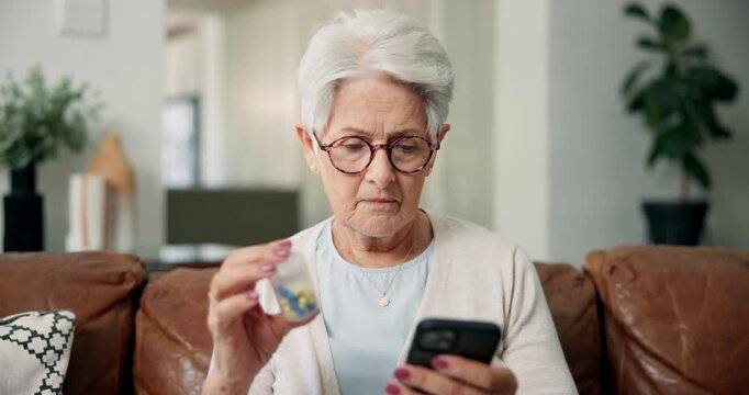 Senior woman, phone and sofa with medication for telehealth, research or symptoms in home. Elderly, female person or patient scrolling with mobile smartphone or pills for online side effects in house