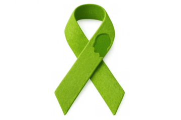 Green awareness ribbon with human head profile cut-out symbolizing mental health support and understanding