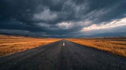 Naklejka premium An asphalt road stretches towards the horizon under a dramatic, cloudy sky, flanked by dry fields and distant mountains