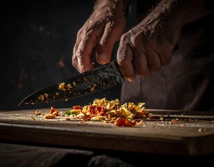 Close-up of hands chopping food on a wooden cutting board