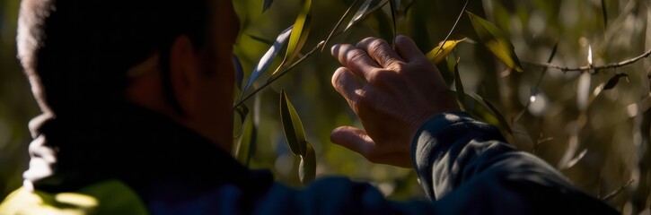 Examining Olive Tree Leaves A Farmer s Touch, Agriculture and Nature Connection, Olive Grove Inspection