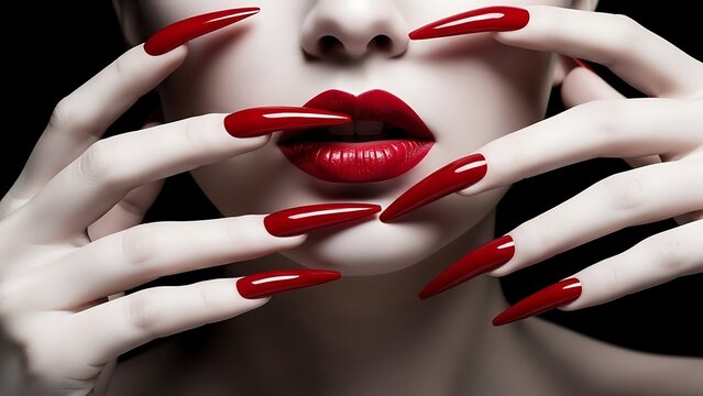 Glamorous Woman With Long Red Nails and Red Lipstick Posing sensually.