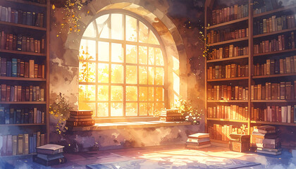 あたたかな光が差し込む本棚のある部屋_generated by AI