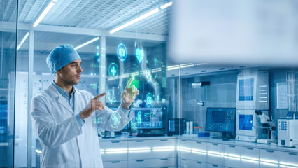 Medical Scientist Interacting with Futuristic Holographic Interface in Modern Laboratory