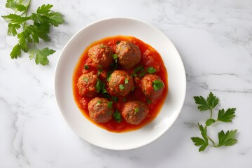 Halal beef meatballs in tomato sauce on white plate overhead for a comforting meal
