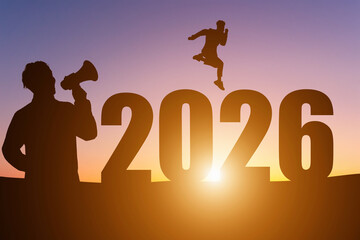 Happy New Year Numbers 2026 , Silhouette a man handsome wearing shouting with megaphone and man...