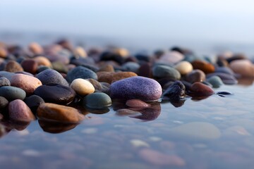 Collection of smooth wet multi-colored pebbles on a shoreline for a serene coastal scene