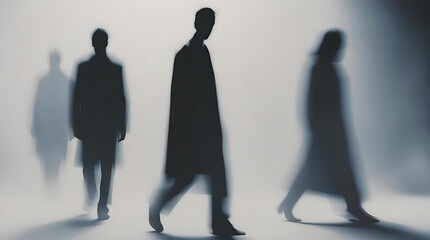 silhouettes of people walking, abstract art silhouette, minimalist design, mysterious figures. motion blur, monochrome conceptual photography, shadow play, artistic expression, surreal atmosphere,
