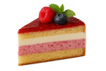 Slice of layered cake with raspberry, blueberry, and mint topping. Sweet fruit dessert on transparent background