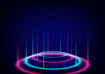Abstract Background Perspective Tech circle features a ring of illuminating light and multicolored beams of light, along with various shaped elements. A grid is located below.