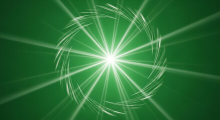 Vibrant green light burst with dynamic white rays and circular motion