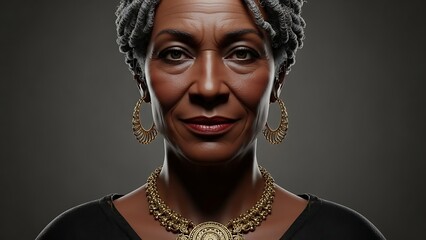 Portrait of an Elegant African American Woman with Dreadlocks and Traditional Jewelry.