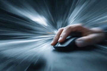 Hand using computer mouse on desk with blurred effects showing speed and motion in a digital workspace