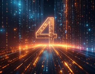 Glowing orange "4" stands in data stream of light, blue and orange matrix