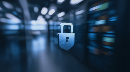 A digital lock, symbolizing security, hovers in front of a data center background, conveying the idea of protecting sensitive digital information.