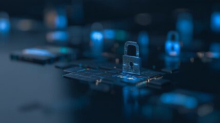 An illuminated padlock, symbol of cybersecurity, poised on a high-tech circuit board. Capturing the essence of digital security and data protection.