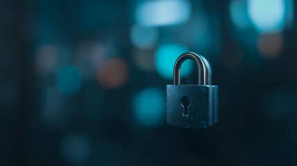 A close-up shot of a security padlock against a blurred, out-of-focus background, representing protection and data encryption.