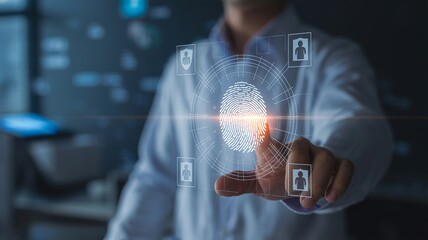 Businessman using futuristic biometric fingerprint scanner for secure access