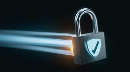 A modern padlock with an illuminated shield and check mark, radiating digital security and protection, set against a dark backdrop.
