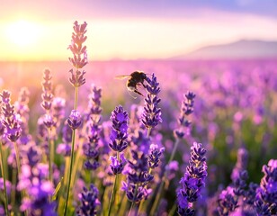 Obraz premium Close-up of lavender field with bee, sunset over mountains