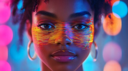 A vibrant portrait showcasing an artistic face painting. The use of bright colors creates an engaging visual experience. The lights add a special effect. Generative AI
