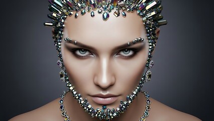 Striking Portrait of a Woman Adorned with Elaborate Crystal and Metal Face Jewelry.