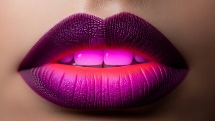Vibrant Ombre Lips with Neon Glow and Perfect Teeth.