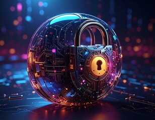 Glowing sphere with padlock, circuit board, and bokeh background