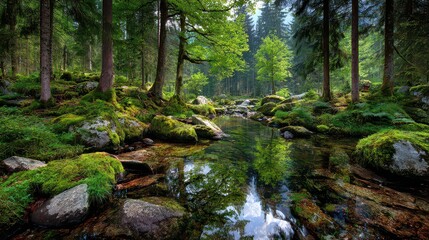 Obraz premium Scenic View of Calm River Flowing Through Lush Green Forest with Sunlight Filtering Through Canopy Creates Reflective Scene on Water Surface