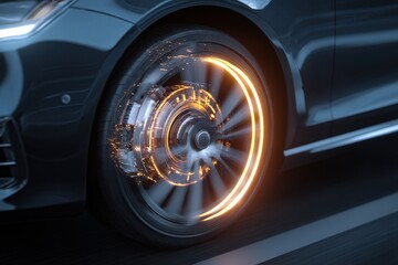 Close up of a car wheel showing motion effect with lights and energy on a road during night time