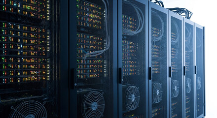 High-performance server room with rows of data center equipment