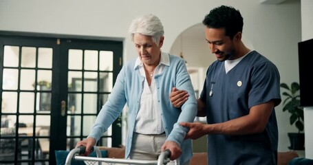 Assisted living, help or walking frame with nurse and old woman in apartment for elderly care. Assistance, balance or walker with caregiver and senior patient with disability in home for healthcare - Powered by Adobe