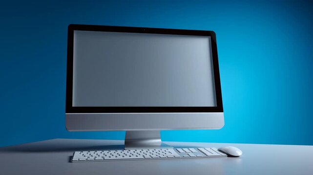 The setup features four identical desktop computers on a simple table against a bright blue wall. The screens are turned off, creating a minimalist look that inspires focus and productivity