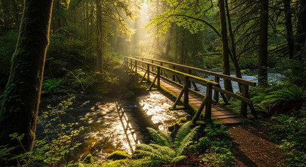 Serene forest bridge over tranquil stream at sunrise