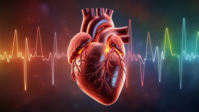 scientific 3D visualization of a realistic human heart beating steadily with animated spectrum colors in the background
