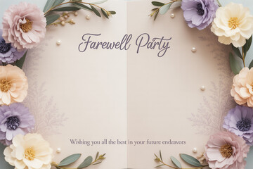 Elegant floral border frames a "Farewell Party" invitation with a heartfelt message for future success, perfect for sending warm goodbyes and celebrating new beginnings with grace.