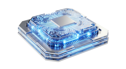 Futuristic Microchip with Glowing Blue Circuits on White Background.