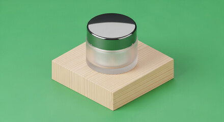 3D isolated round silver metal and blue glass perfume bottle container with a plastic button and blank label on a white background