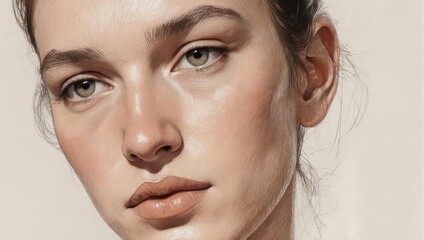 Close-up portrait of a young woman with natural makeup and soft lighting.